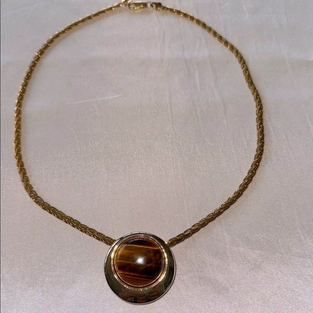 Vintage Tiger's Eye Brown & Gold Round Pendant Slide Retro Chic Animal Print